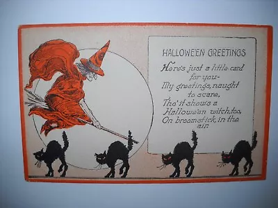 4 BLACK CATS WITH WITCHES GREETINGS Antique Unused Embossed Postcard CHROMOLITHO • $49.99