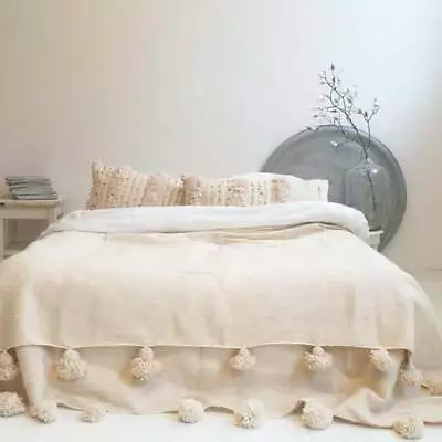 Moroccan Blanketpom Pom Blanketsmoroccan Throw Blanketwool Moroccan Bedding • $95