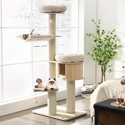 Wooden Cat Tree Scratching Post Scratcher Tower Condo House Cat Climb Furniture • $232.95