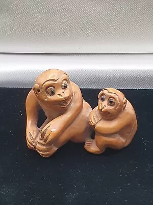 Antique Vintage Signed Japanese Carved Wooden Netsuke Adult & Infant Monkeys • £59.95