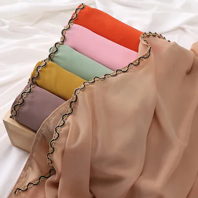 Fashion Women Chiffon Scarf Wave Gold Lace Edge Shawls Muslim Hijab Long Wraps • £11.99