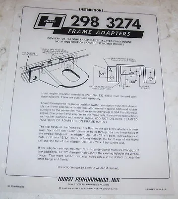 Hurst   Frame Adapter Instructions-1928 To 1932 1933  1934 Ford A28 • $8