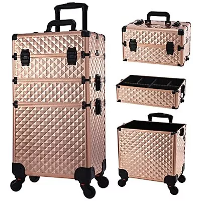  Rolling Makeup Train Case 3 In 1 Professional Cosmetic Vintage Rose Gold • $145.88
