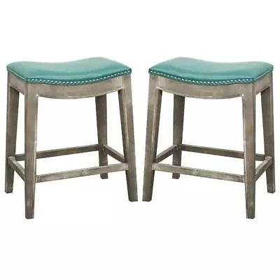 Home Square Elmo 24.5  Leather Counter Stool In Turquoise - Set Of 2 • $287.03