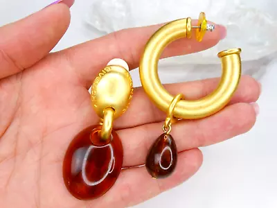 Givenchy 80s Vtg Mismatched Logo Matte Gold Amber Lucite Huge Drop Hoop Earrings • $14.99