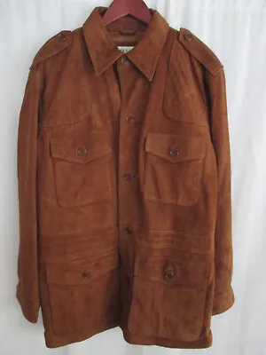 Orvis Mens Jacket Large Brown Sueded Leather Safari Style With Epaulets • $325