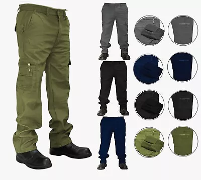 Mens Elasticated Fleece Lined Cotton Cargo Combat Work Pants Trousers Bottoms • £14.49