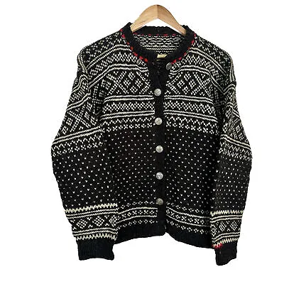 VINTAGE Hand Knit Nordic Cardigan Sweater Gray Cream Red Viking Ship Buttons M • $45