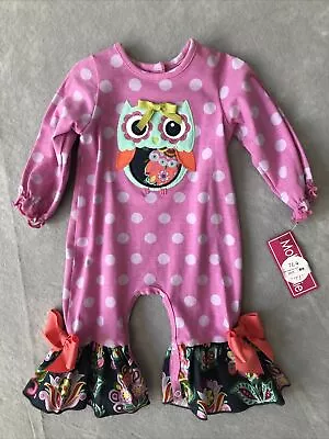 NWT Molly & Millie Infant Pink Ruffle Romper 3 6 Months Owl Jumper Polka Dots • $17.99