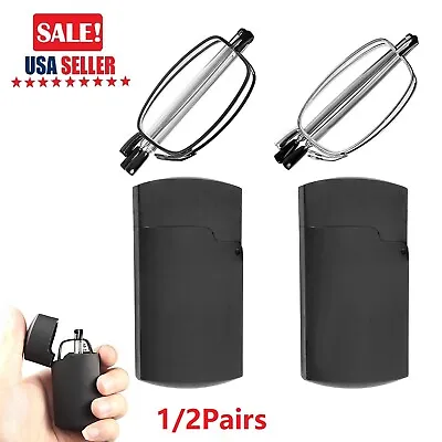 2 Pairs Metal Compact Folding Anti-Blue Light Reading Glasses With Carrying Case • $7.82