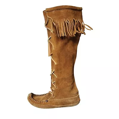 Minnetonka Moccasin Boots Size 6 Brown Tall Knee High Lace Up Suede • $39.20