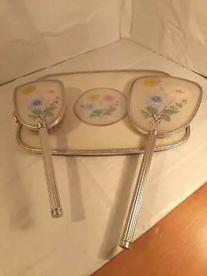 £10 • Buy Vintage Retro Dressing Table Set. Silver Metal Edging W/ Beautiful Floral Design
