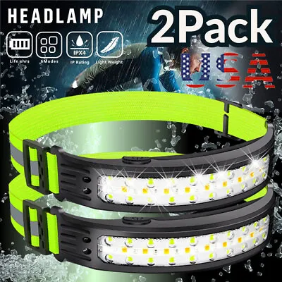 2PACK Headlamp COB LED Rechargeable Headlight Torch Work Light Bar Head Band USB • $11.55
