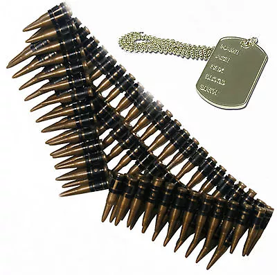 Bullet Belt & Dog Tag Army Soldier 80s 90s Mexican Fancy Dress Outfit Costume • £13.54