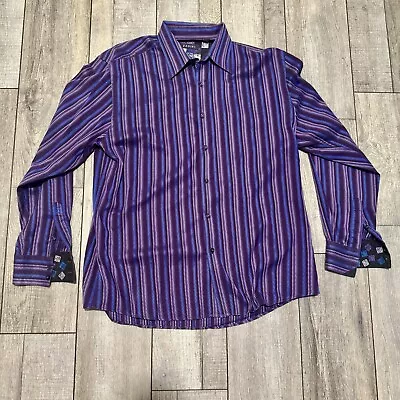 Zagiri Mens Abstract Stripe Button Front Purple Long Sleeve Shirt Flip Cuff Sz L • $21.99