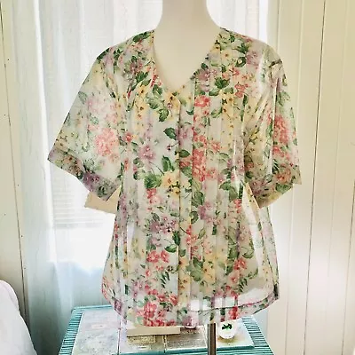 Vintage Floral Blouse Large Pink Green Yellow Sheer Pleated Button Front Shirt • $19.61