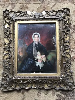 Continental School 19th Century Portrait Of Lady Holding A Small Dog Oil 17x22cm • £248