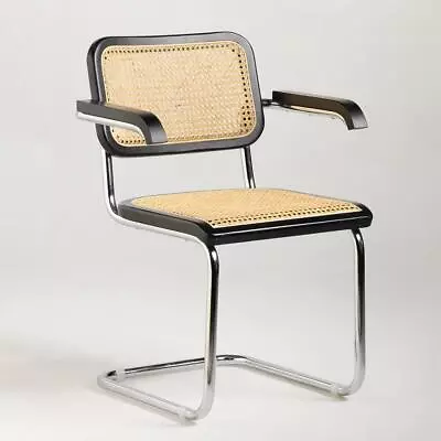 Mid-Century Armchair Black With Natural Cane Rattan Seat Chrome Cantilever Frame • £189