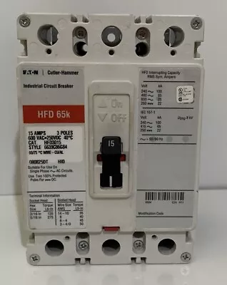 Cutler Hammer HFD3015 15 Amp 600 Vac 3 Pole 65K Circuit Breaker • $149.99