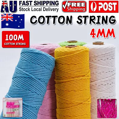 4mm 100M Natural Cotton Twisted Cord Craft Macrame Artisan Rope Weaving Wire DIY • $11