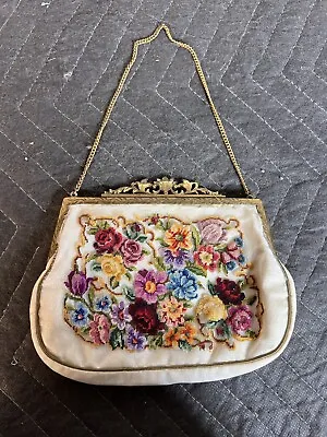 Vintage Petit Point Floral Tapestry  Purse Gold Tone Ornate Chain Handle Closure • $35