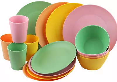 16-Piece Melamine Dinner Set Plate Bowl Tumbler Pastel Colourful Crockery For 4 • £44.99