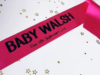 NEW Baby Name Due Date Personalised Baby Shower Sash Girl Pink Gift Idea Banner • £4.95