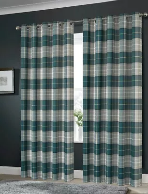 Blackout Eyelet Emerald Green Check Curtains Black Out Thermal Print Pair 55x90” • £18.99