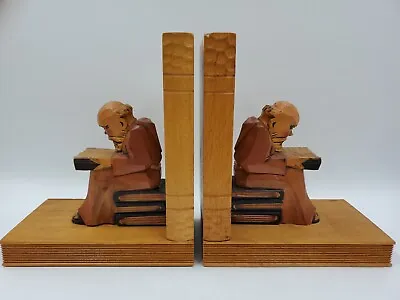 Vtg Carved Wood Monks Priest Bookends Religious Bible Figural Reading Folk Art • $14.93