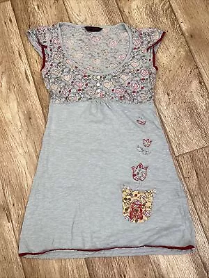 Miss Selfridge Green & Red Long T Shirt/Dress Top Ladies Size 8 Floral Hearts • $11.09