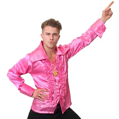 Mens Pink 1970's Disco Ruffle Shirts Adults Fancy Dress Costume 70's Frilly Top • £11.99