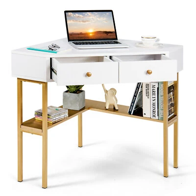 $135.90 • Buy Giantex Corner Computer Desk Dressing Table Writing Study Workstation White Gold