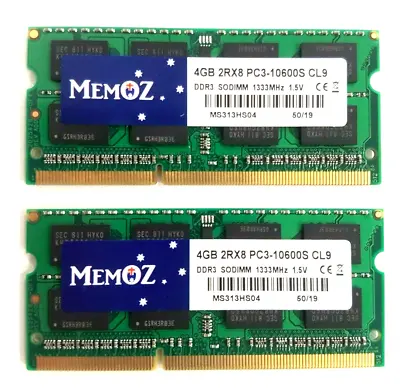 8GB DDR3L 1333Mhz 2x4GB Notebook RAM PC3 10600S Laptop Memory Memoz 5 Years Wty • $26