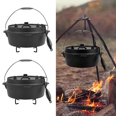 2 In 1Cast Iron Camping Dutch Oven Pre-Seasoned Camping Cookware Pot With Lid UK • £32.95