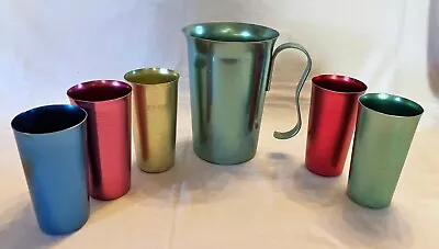 Retro Westbend Aluminum Pitcher And 5 Mixed Aluminum Drinking Glasses Tumblers • $24.99