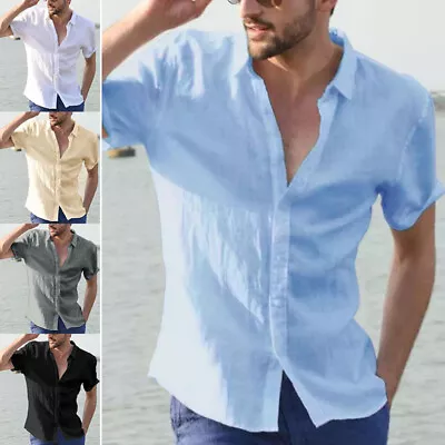 Mens Short Sleeve Linen Shirts Formal Casual Loose Solid Shirt Blouse Tops Beach • $2.99