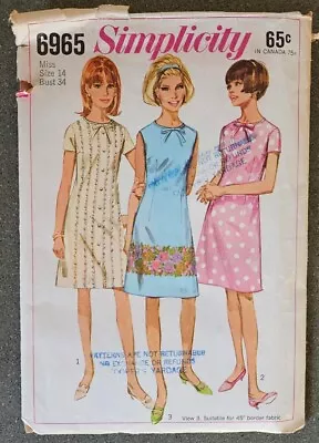 1960s Vintage A-line Dress Size 14 Sewing Pattern Simplicity 6965 CUT Complete • $12