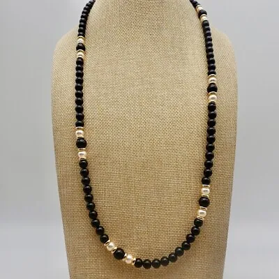 Vintage Napier Necklace Black Beads Faux Pearl Gold Tone Spacers 24 Inch Strand • $13.99