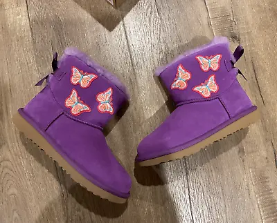 UGG Kids Boots Purple Mini Bailey Bow II Butterflies Heritage Big Girl Size 4 • $89.99