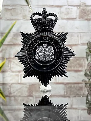 OBSOLETE Post 1953 CAMBRIDGE CITY Police Helmet Badge Plate QUEENS CROWN Black • £69.99