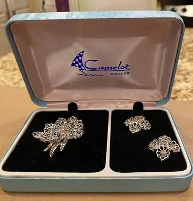 Vintage Camelot Aurora Borealis Pin & Clip-On Earring Set  In Original Box C5 • $32.99