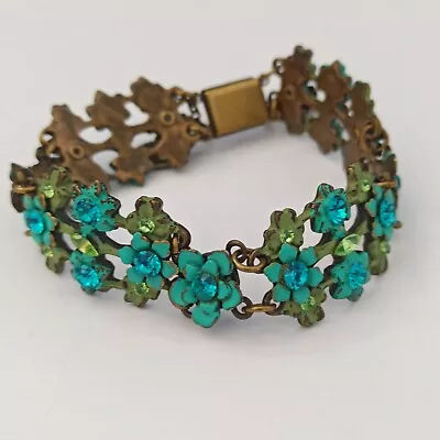 Michal Negrin Bracelet Turquoise Blue Enamel Wide Floral With Swarovski Crystals • $78.40