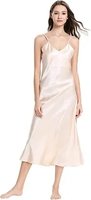 Nightdress Gown XL Champagne Silk Satin V Neck Long Negligee Spaghetti Strap • £9.99