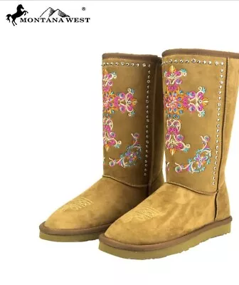 MONTANA WEST Tan Cross Embroidered Shearling Boots  NWOB • $39.99