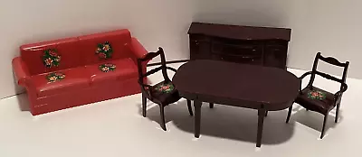VTG Marx Plastic Dollhouse Furniture Flower Decal Sofa Table 2 Arm Chairs Buffet • $14.99