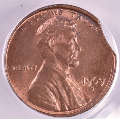 $15 • Buy 1969-S Lincoln Memorial Penny Cent - ANACS MS63 RB - Curved Clip 3.50 Grams 