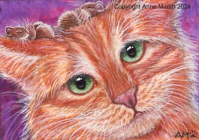 ACEO Original Ginger Cat And Mice Painting The Softest Bed Anne Marsh Feline Art • $37.29