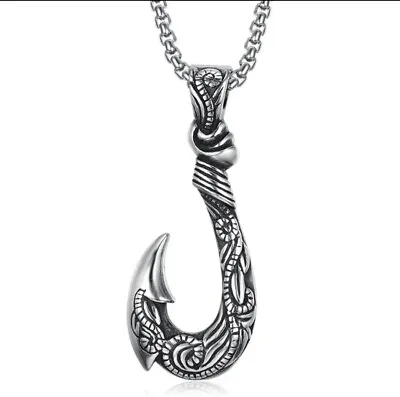 Men's Stainless Steel Fish Hook Fishing Nautical Pendant Necklace Jewelry • $6.99