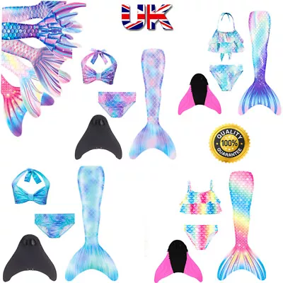Kid Mermaid Tail With Monofin Swimmable Bikini Set Swimsuit Swimming Costume Set • £11.65