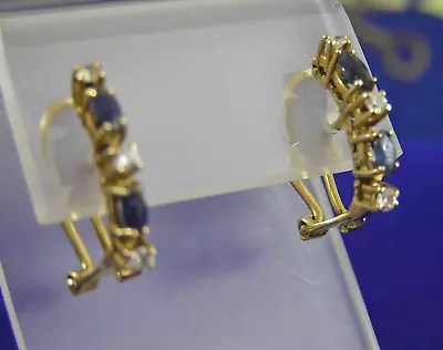 Vintage 14K Yellow Gold Blue Sapphire & CZ Omega Back Earrings 4.2g • $174.99